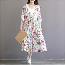 Women Dress Half Sleeve V Neck Cotton Linen Summer Dress Casual Loose Fax Two Pieces Vintage