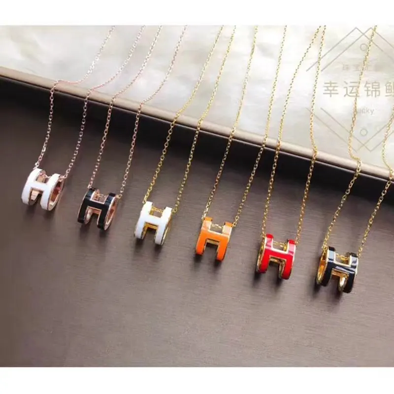 

Tisvina Korean H Letter Enamel Pendant Necklaces for Women 100% Real 925 Sterling Silver Jewelry Rose Gold Necklace Wholesale