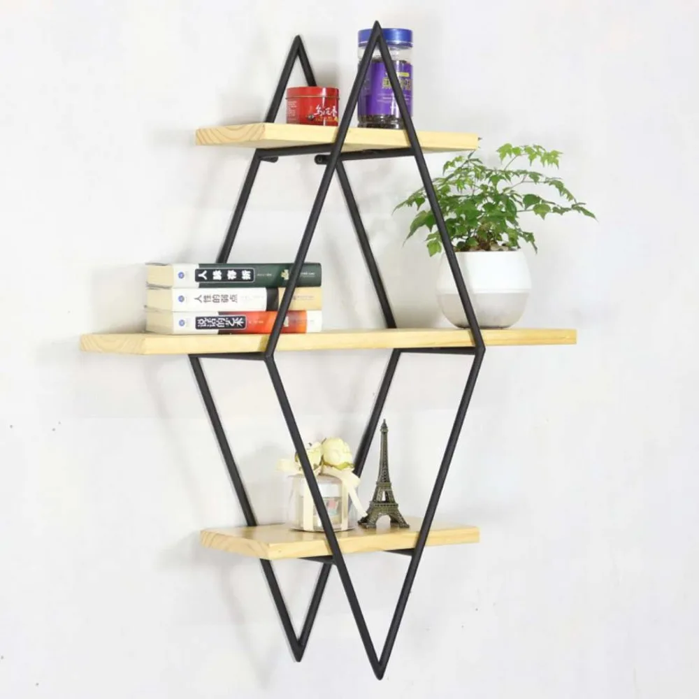 

Living room diamond bookshelf iron art solid wood partition wall shelf bar bar wall decoration wall shelf
