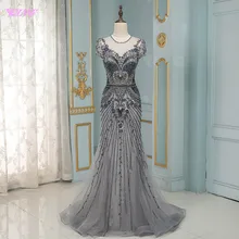 YQLNNE роскошные темно-синие кристаллы вечернее платье длинная Русалка, украшенный бусинами с коротким рукавом вечернее платье