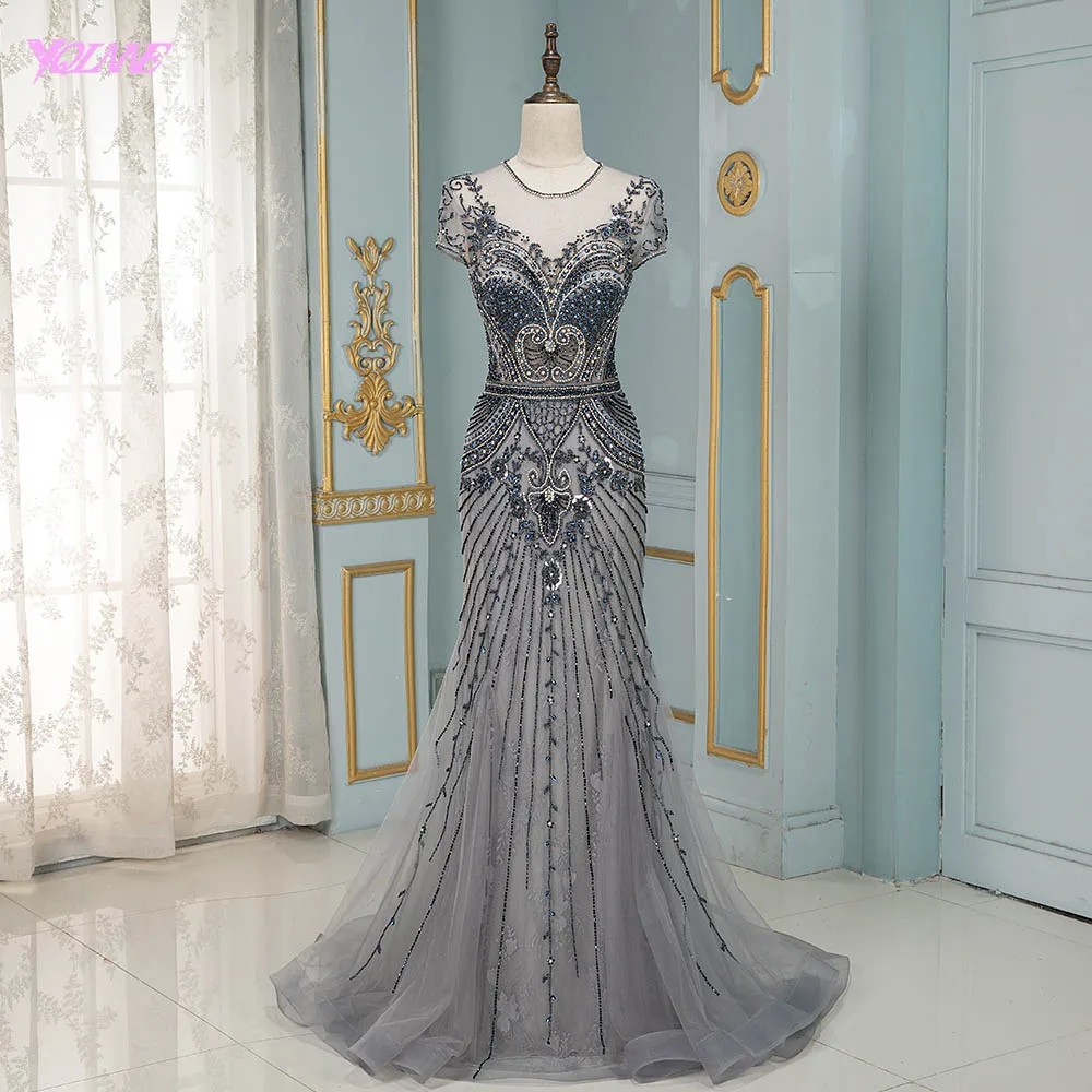 YQLNNE Luxury Navy Crystals Evening Dress Long Mermaid Beaded Cap Sleeve Evening Gown YQLNNE Luxury Navy Crystals Evening Dress Long Mermaid Beaded Cap Sleeve Evening Gown