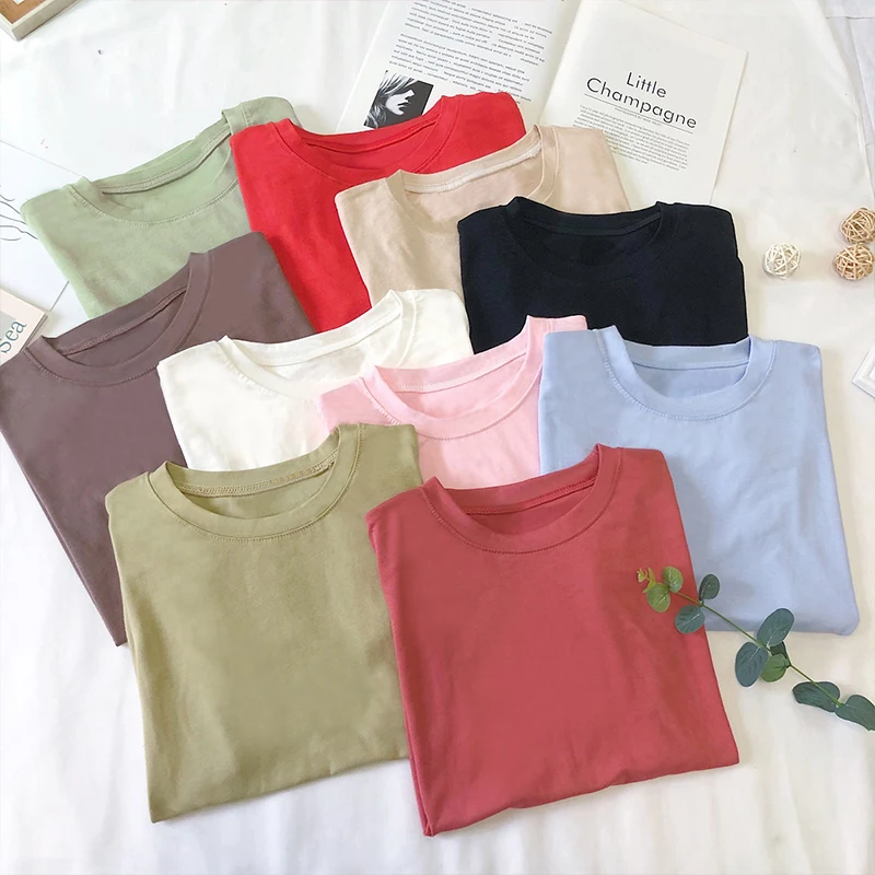 

hararjuku T-shirts Women Solid Candy Color O-Neck Breathable Short Sleeve T-shirt Korean Simple Leisure All-match Daily Chic tee