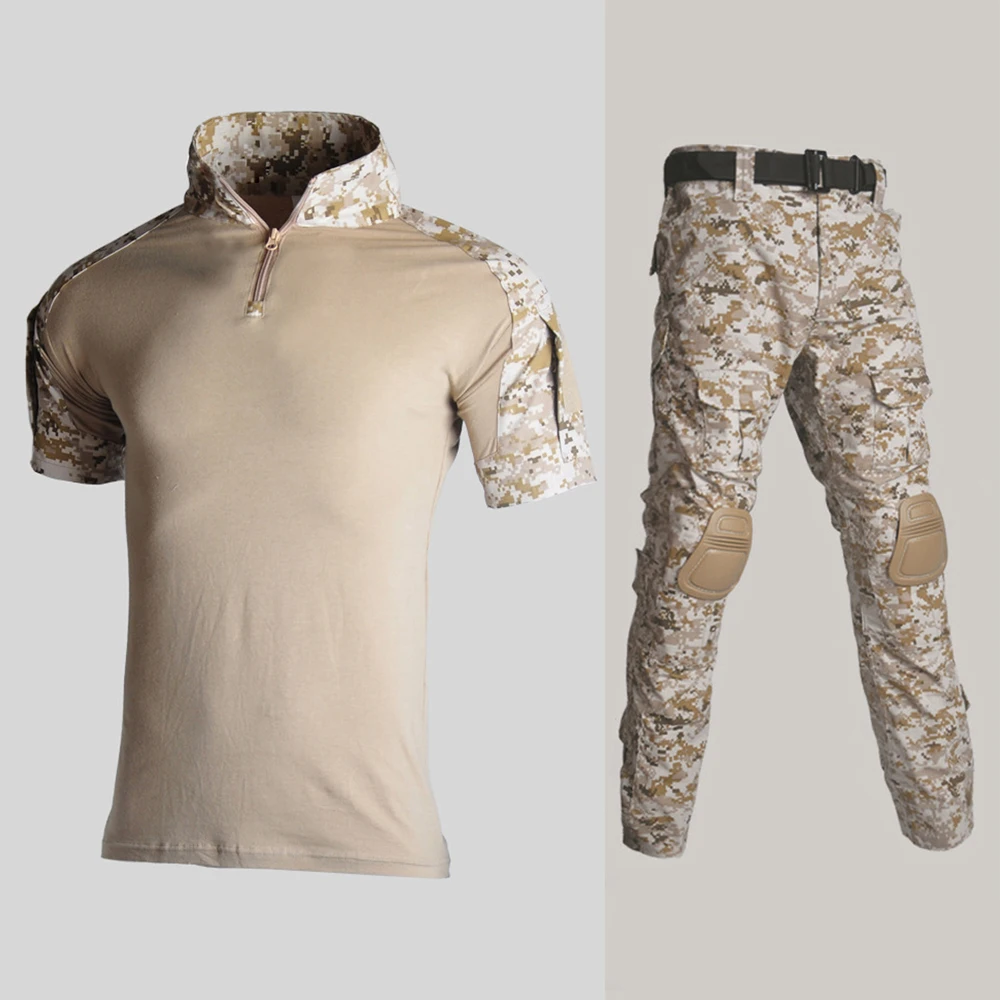 Summer Army Military Uniform Camouflage Tactical Combat Suit BDU Airsoft War Game Clothing Outdoor Short Shirts + Pants Knee Pad|Военный| |