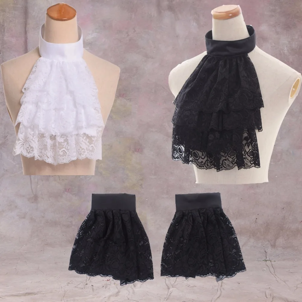 

Whole Sale Cosplaydiy 1785 Medieval Mens Cosplay Ties Wrist Cuff Victorian Detachable Jabot Black White Jabot Lace Ties L0516