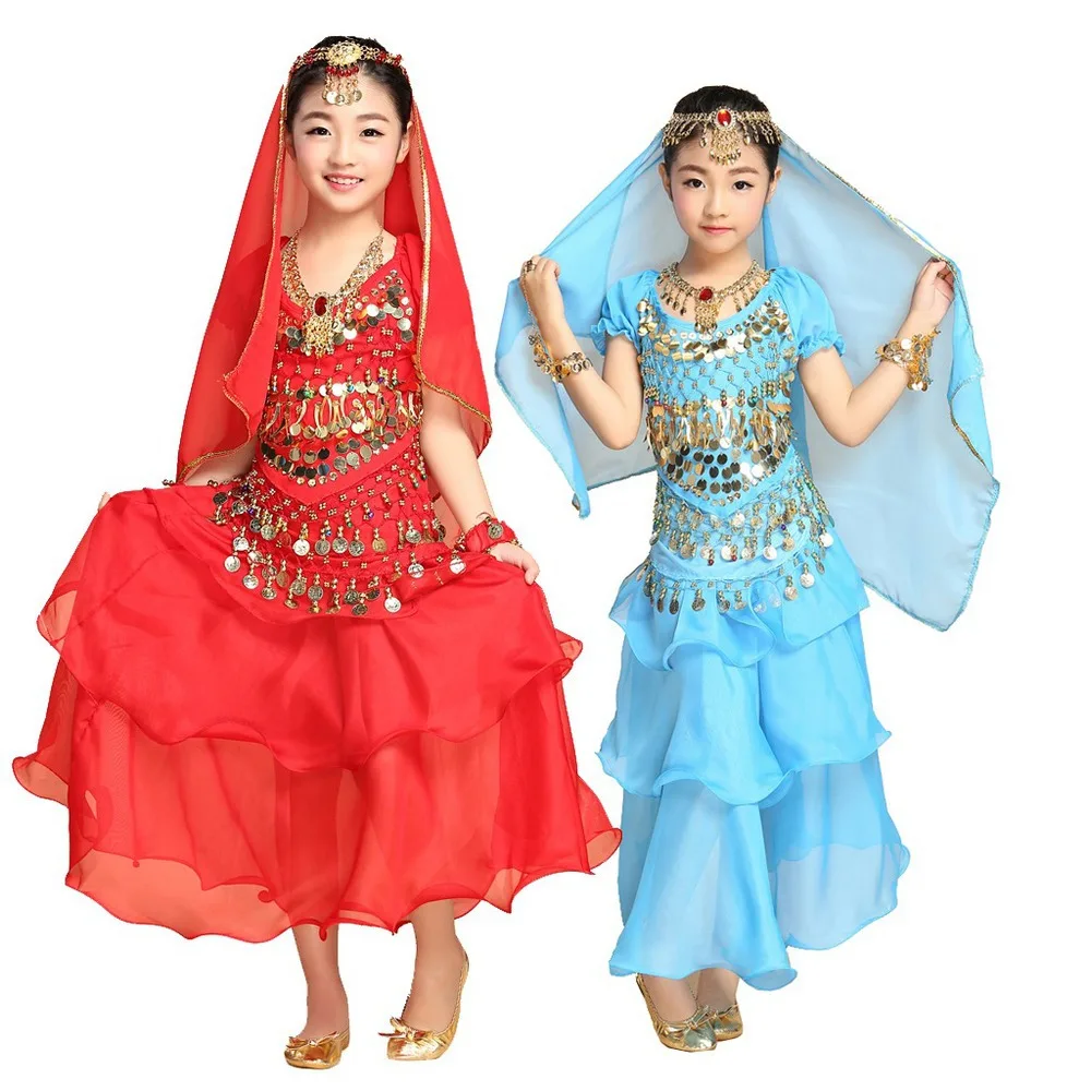 2015 Beautiful Kids Oriental Belly Dance Costume Set 5PCS TopFlamenco SkirtVeilHipScarfBracelet Bollywood Indian Child Dress