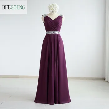 

Grape Chiffon A-line Formal Evening Dress Floor-Length V-Neck Crystal Belt Sleeveless Real/Photos Photos Custom made