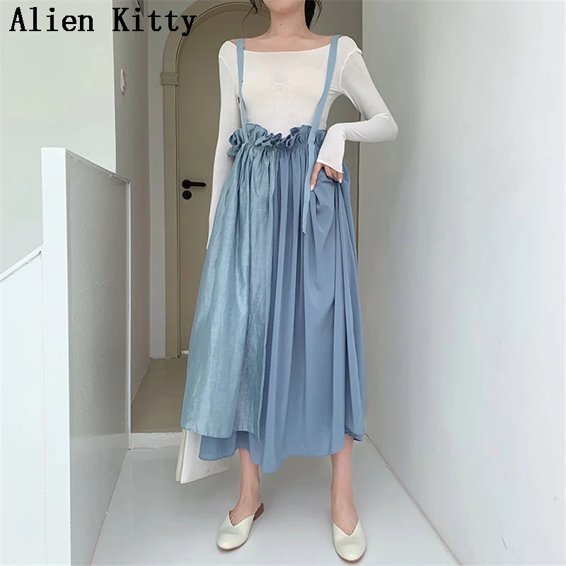 

Alien Kitty French Style Sweet Mesh Casual Summer Elegant Ruffles Simple Elastic Waist Fresh A-line High Waist Overalls Skirts