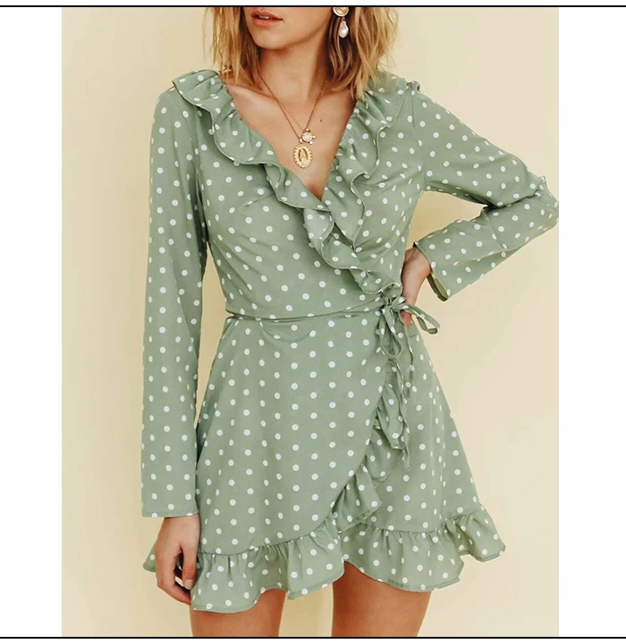 SINRGAN Ruffles Elegant Polka Dot Green Dresses v neck Long sleeve short mini vintage spring dress Bohemian vestidos