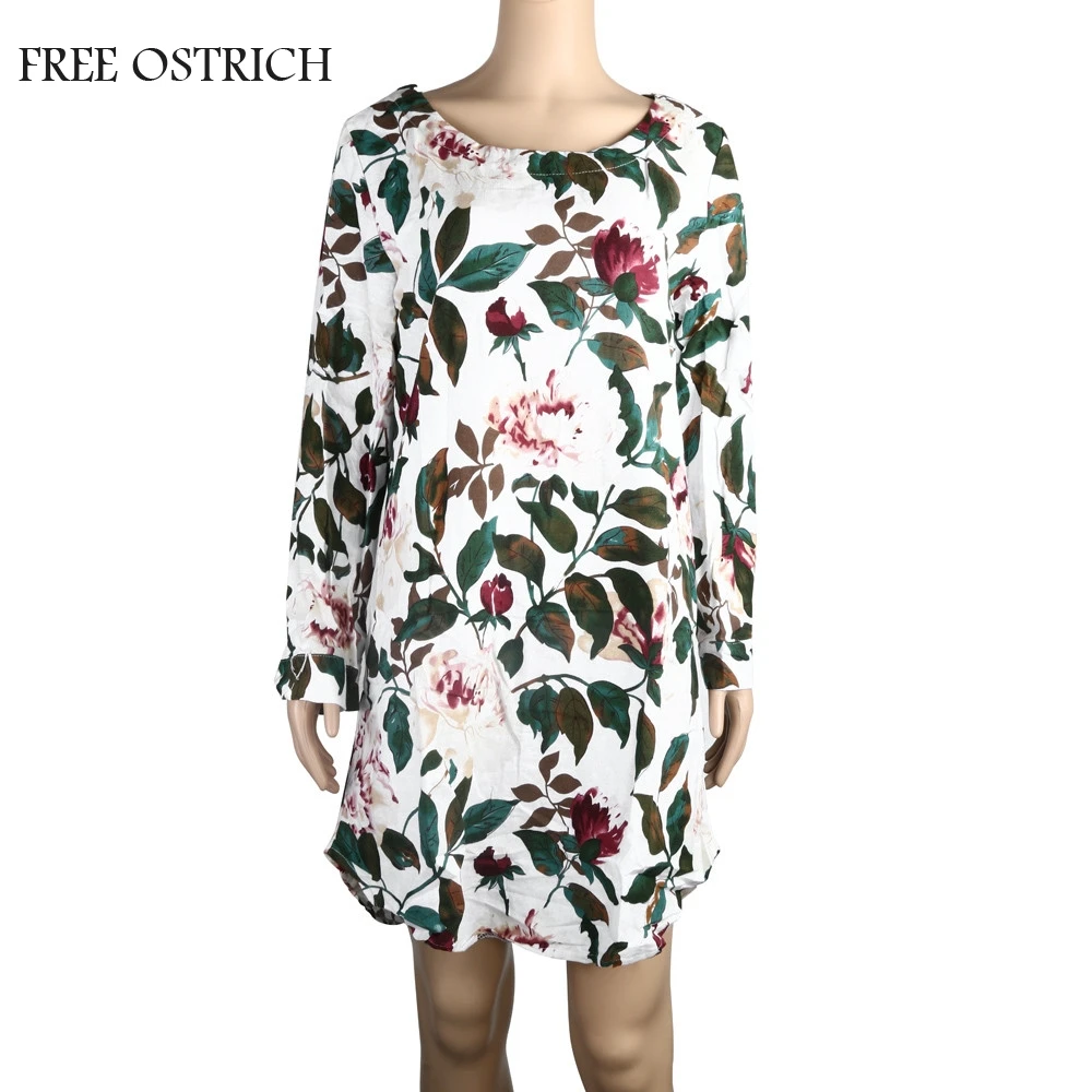 

FREE OSTRICH Plus Size Dress Women Summer Floral Print Gron Evening Party Long Sleeve Ladies A-Line Full Beach Dress