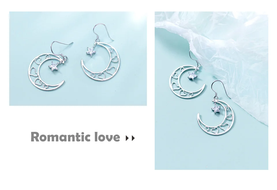 S925 Silver Moon Earrings Female Korean Hollow Romantic Love Earrings Stars Ear Fine jewelry Anniversary Gift For Girlfriends (3)