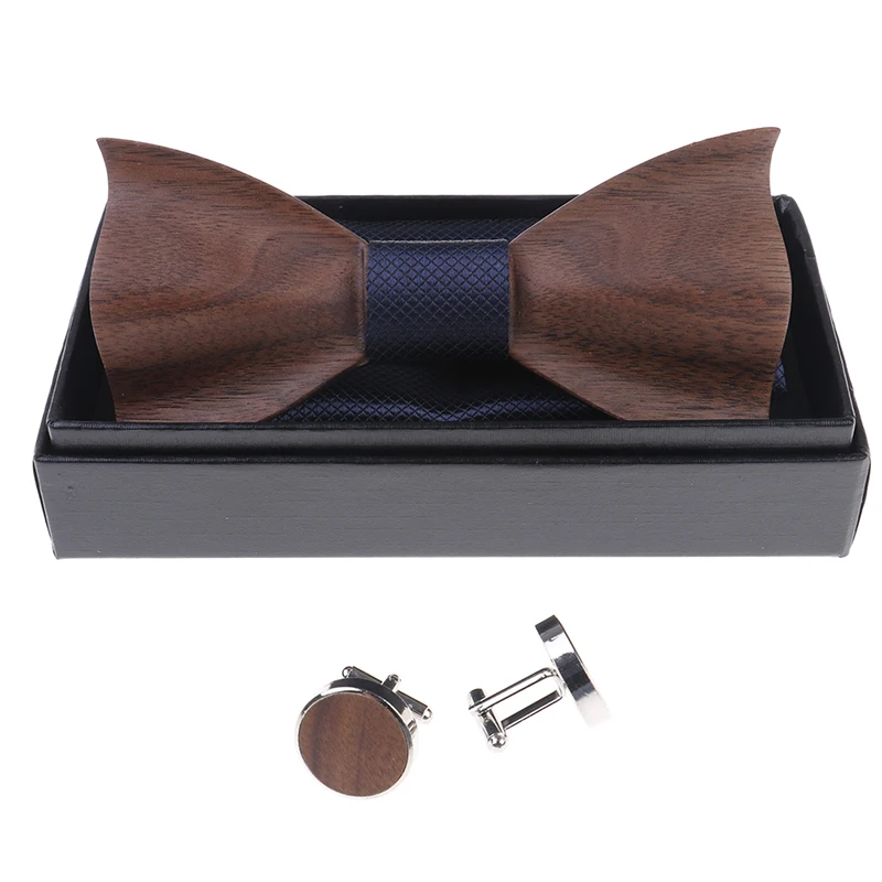 1set Wooden Tie Pocket Square Cufflink Men Wedding Fashion Wooden Bow Ties Set Accessories Wood Bow Tie