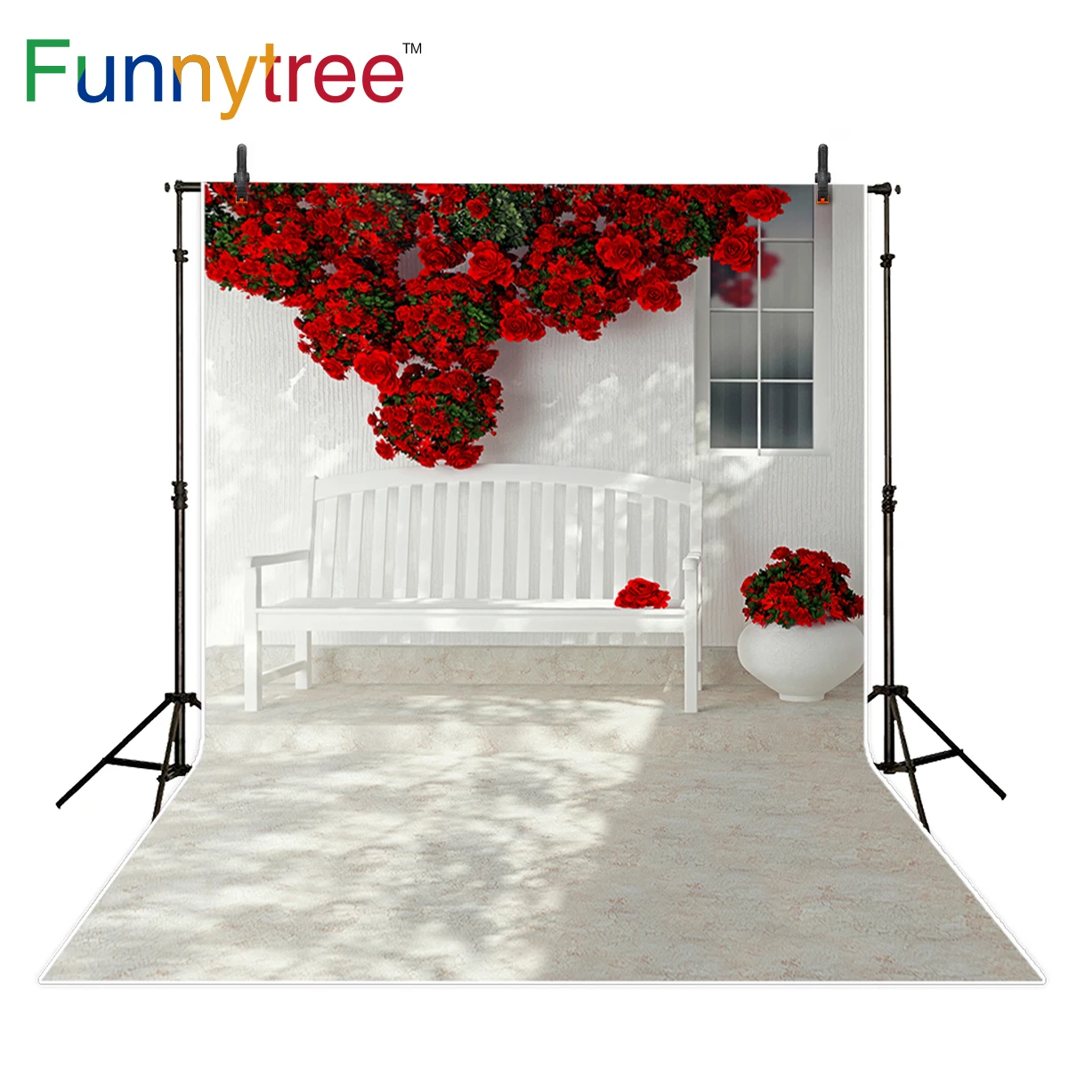 

Funnytree photography backdrops red rose flower bench window scenery background photo studio photobooth professional