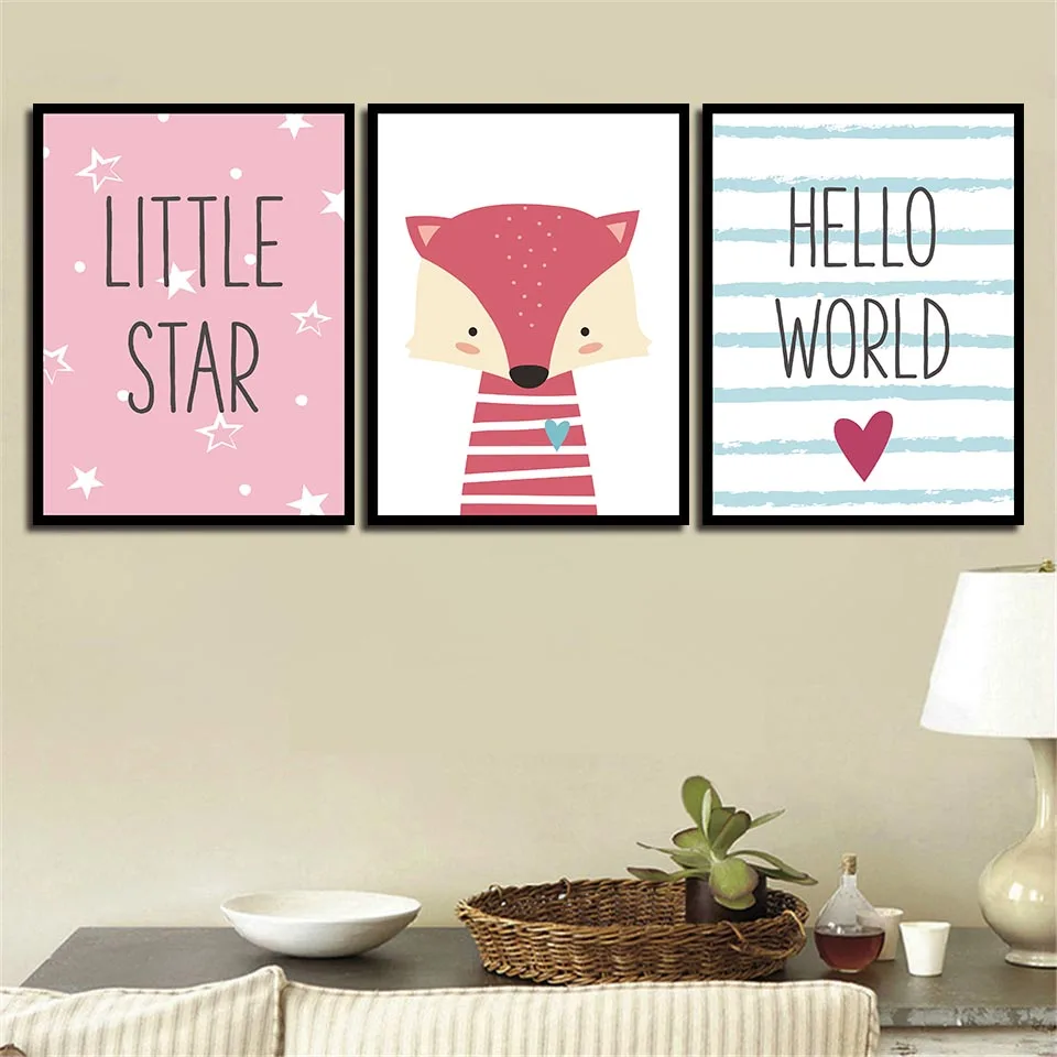 Мультфильм лиса розовый Hello Word Dream Space Art Настенная картина в скандинавском стиле