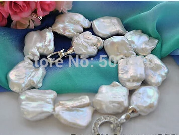 

Free Shipping BIG 35mm WHITE BAROQUE KESHI REBORN PEARL NECKLACE 18inch