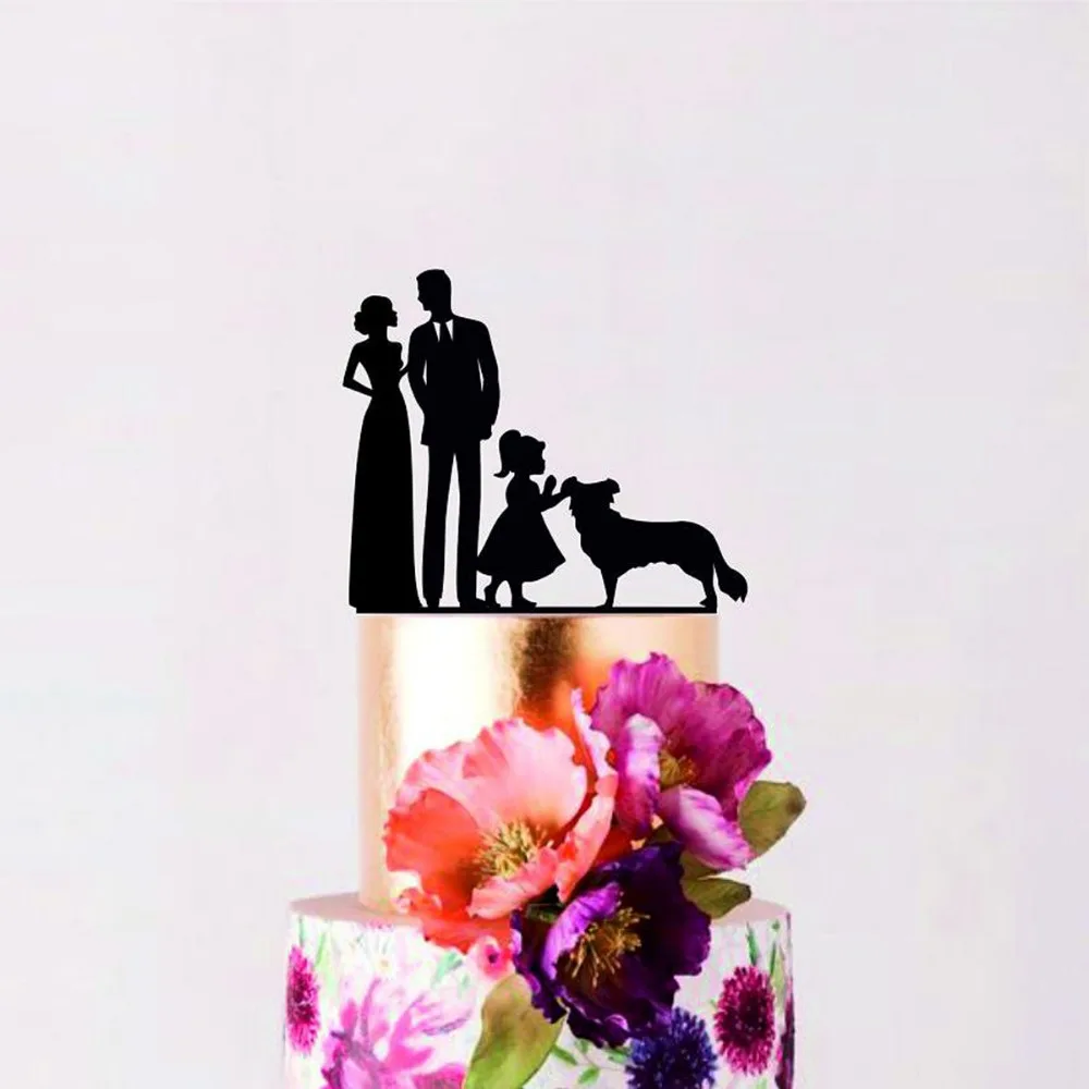 Family Wedding Cake Topper , Bride and Groom with little girl and dog Cake Topper, Couple with child Cake Topper decor Supplies