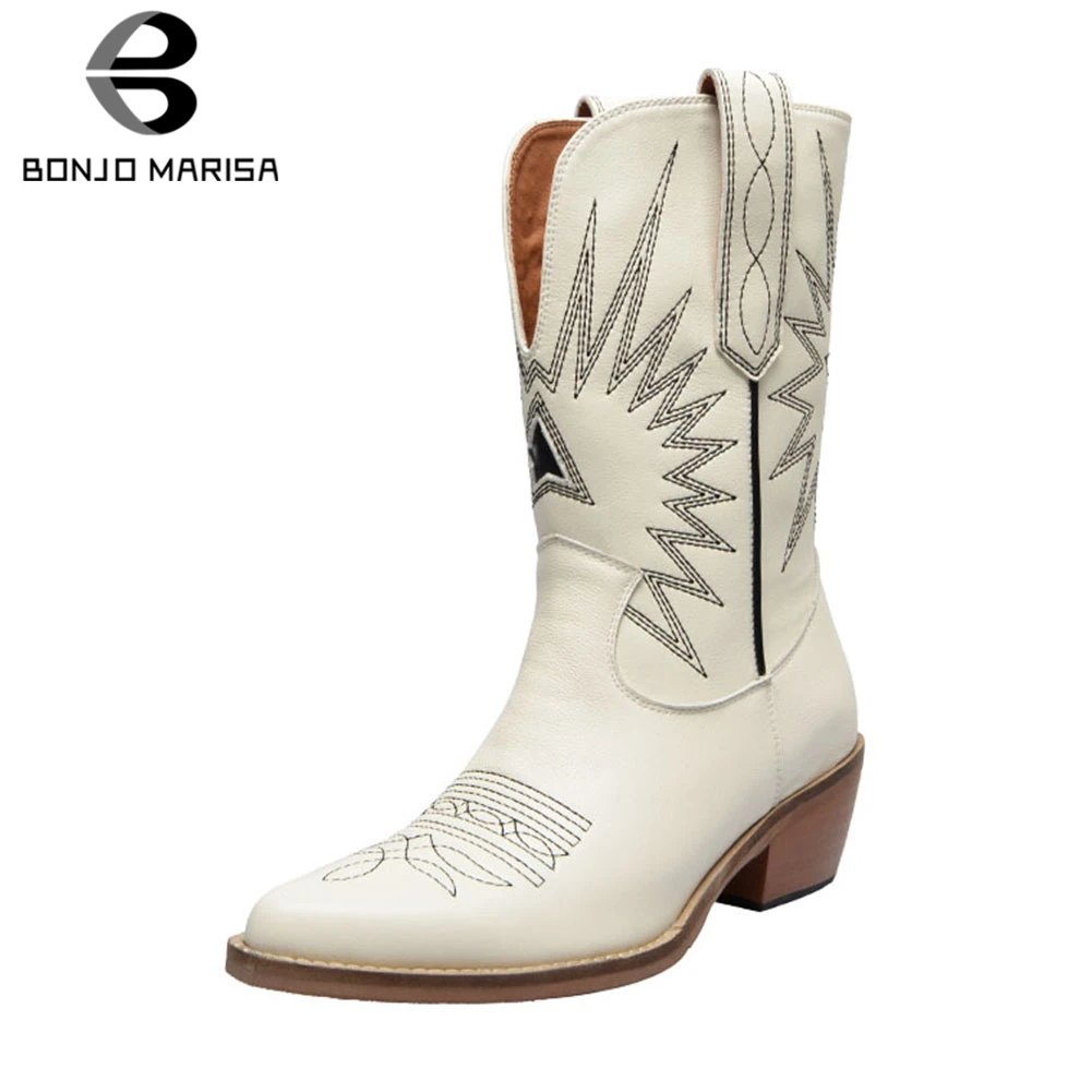 

BONJOMARISA 2019 New Autumn Luxury Brand Genuine Leather Shoes mid-calf Western Boots Women slip-on Embroider Shoes Woman