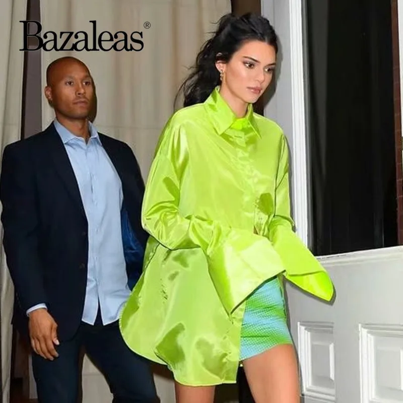 

Bazaleas Fashion Fluorescence Green Blouse Loose Center Buttons Blusa Feminina Vintage blusas mujer de moda 2019 drop shipping