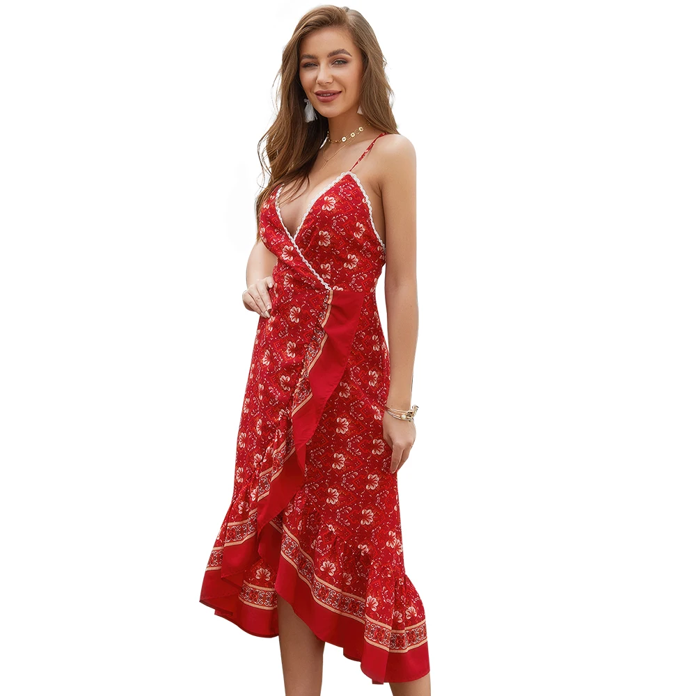 

Original Design Women Independent Station Hot Style 2019 Summer Red Belt Print Dress