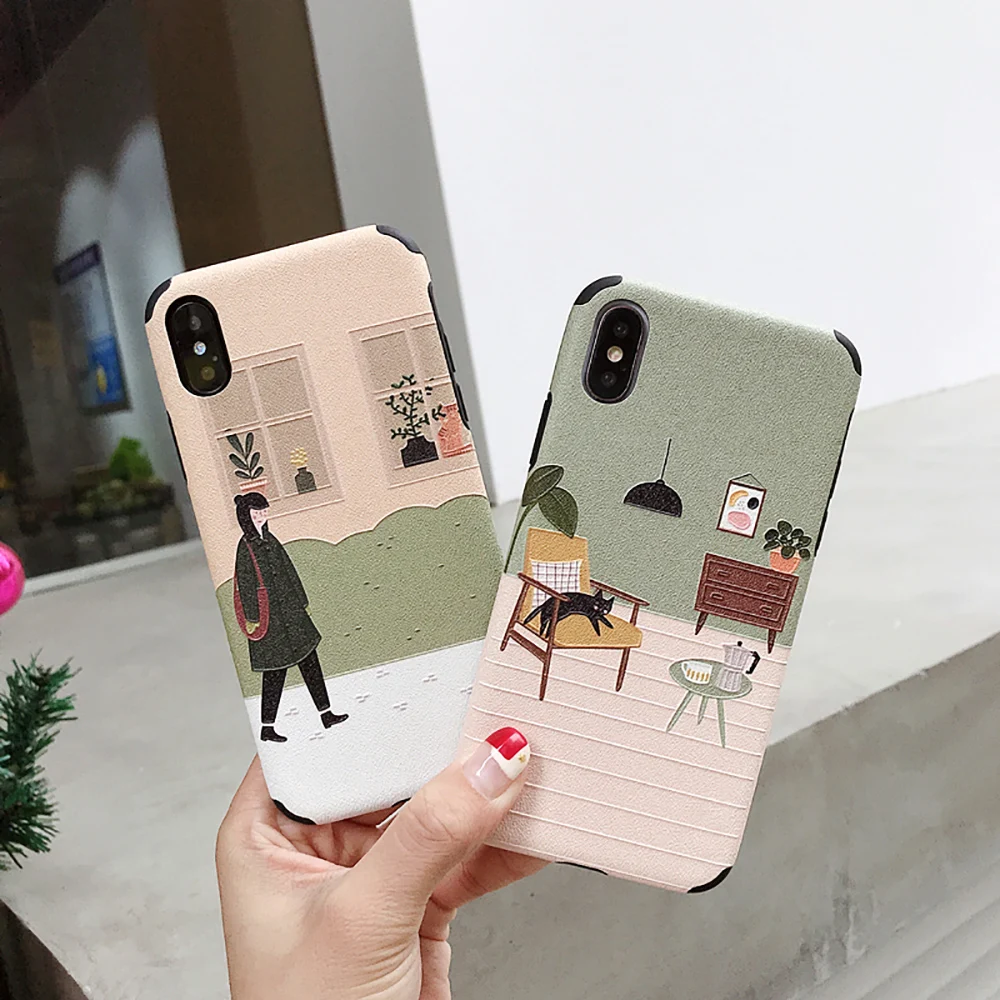 

LISM Home Leisure Girl Cat Emboss Silk TPU Phone Case Cover For iPhone 6 6S 7 8 Plus X XR XS Max Anti-knock Protector Casing