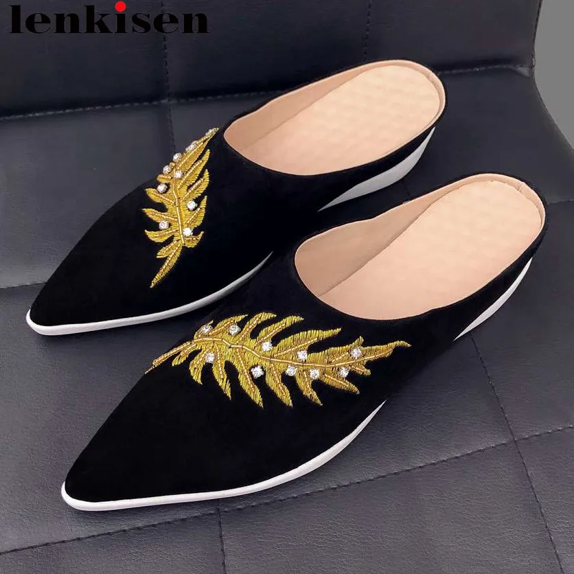 

Lenkisen new kid suede beauty excellent embroidery slip on mules med heels pointed toe crystals decoration vulcanized shoes L51