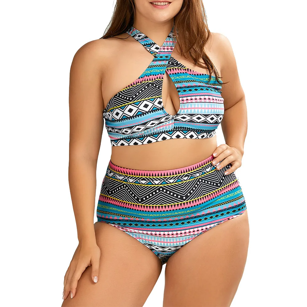 

Sexy Women High Waist Bikini Plus Size Geometric Printing Womens Push up Beach Bathing Suits Cross Design women's swimsuits