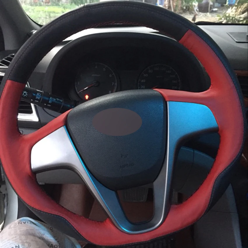 

Red Black Genuine Leather DIY Hand-stitched Car Steering Wheel Cover for Hyundai Solaris Verna i20 2008-2012 Accent