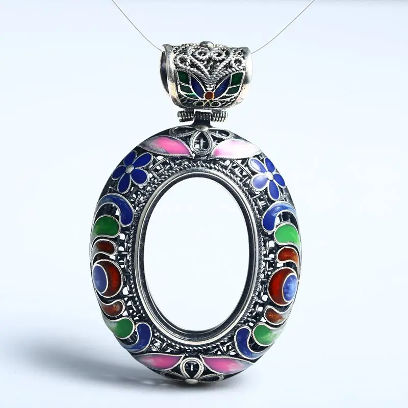 

925 Sterling Silver Semi Mount Pendant fit 20x30mm Oval Cabochon Amber Turquoise Opal Garnet Lapis Lazuli Cloisonne Enamel