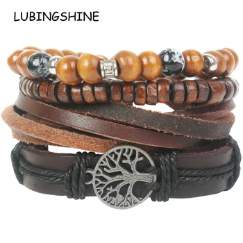 

Vintage Multilayer Leather Tree of Life Charms Bracelets Men Woman Rope Chain Cross Bead Bracelet Wristband Punk Jewelry