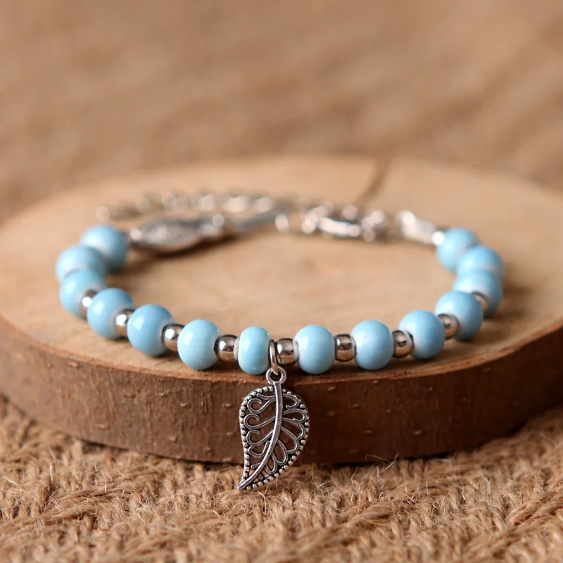 Ceramic Beaded Bracelet For Women Hollow Leaf Pendant Bracelets Men Charm Bangle Silver Color Beads Alloy Fish Open Bangles Gift | Украшения