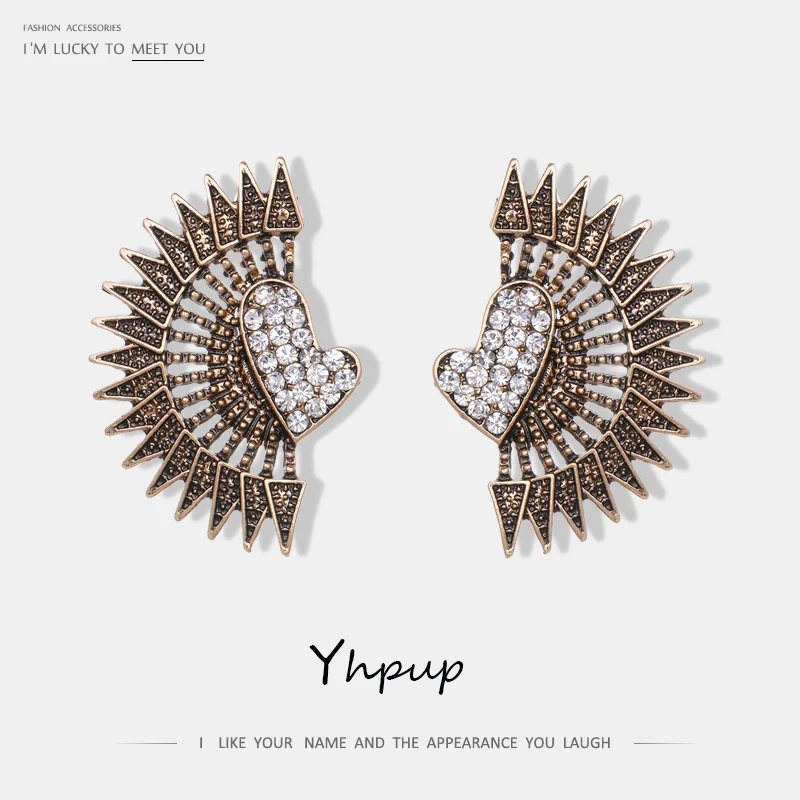 Yhpup, ретро Стразы, крылья орла, сердце, серьги для женщин, вечерние, массивные, винтажные, для ночного клуба, серьги-гвоздики, Brincos Bijoux, подарок