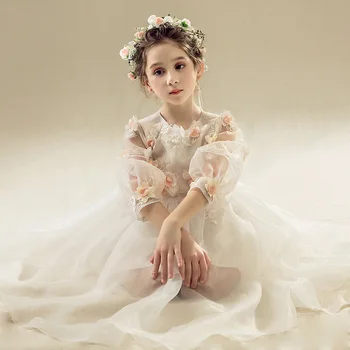 

Floral Appliques Holy Communion Dress Little Girls Birthday Evening Gowns Puff Sleeve White Flower Girl Dresses for Wedding B468