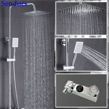 

Senducs Thermostatic Shower Set High Quality Brass Bathroom Shower System Digital Shower Set Top Rain Shower Bathroom Chrome Set