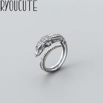 

RYOUCUTE 100% Real Silver Color Exaggerated Personality New Crocodile Big Animal Rings for Women Adjustable Finger Ring