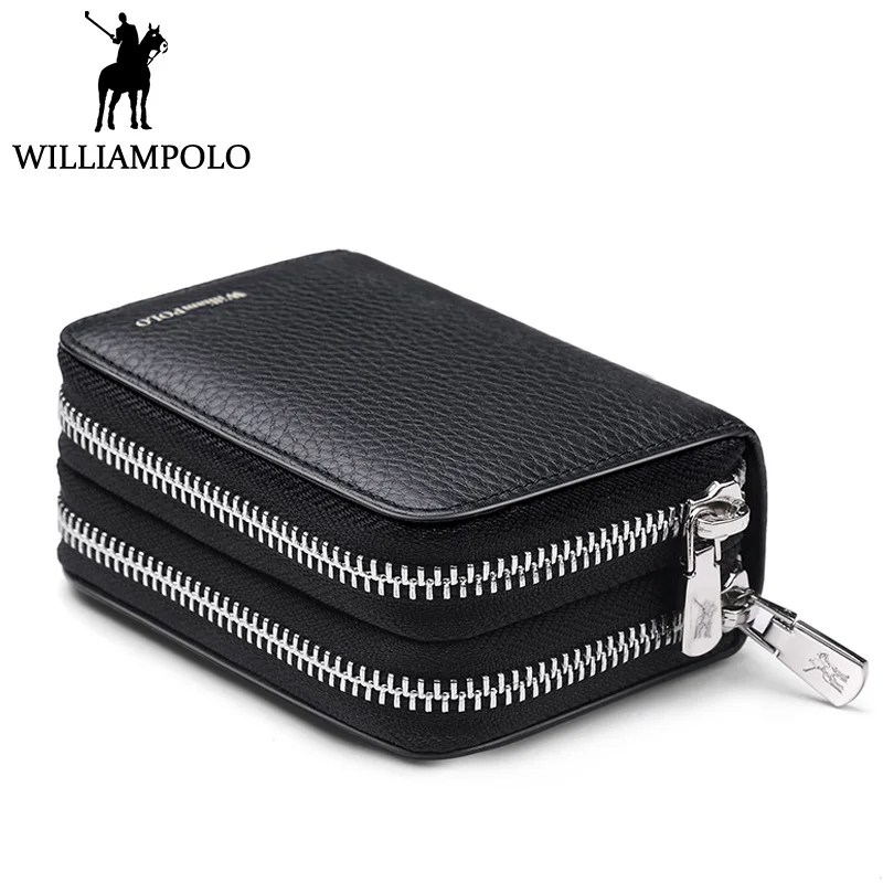 

WILLIAMPOLO Genuine Leather Credit Card Holder Men Double Zipper Business Card Wallet Driver License Case ID Card Holder Box Man