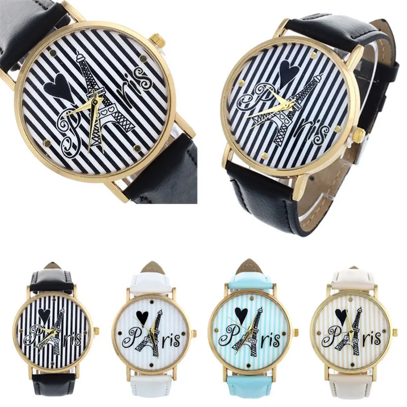 Women's watches casual watches Retro Tower Stripe Pattern leather watch strap Analog Quartz Wrist Watch clock Reloj mujer M17 (5)