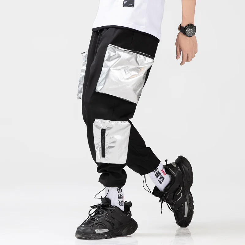 

Sweatpants Flash Laser Machine Pants Men Pencil Hip Hop Elastic Waist Fashion Big Pockets Loose Joggers Streetwear