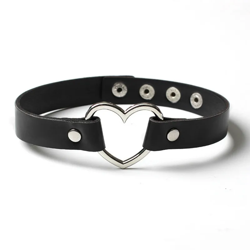 

2018 Lady Handmade PU Choker O Round Metal Leather Collar Bondage Harness Necklace Metal Bead Decoration Statement heart jewelry