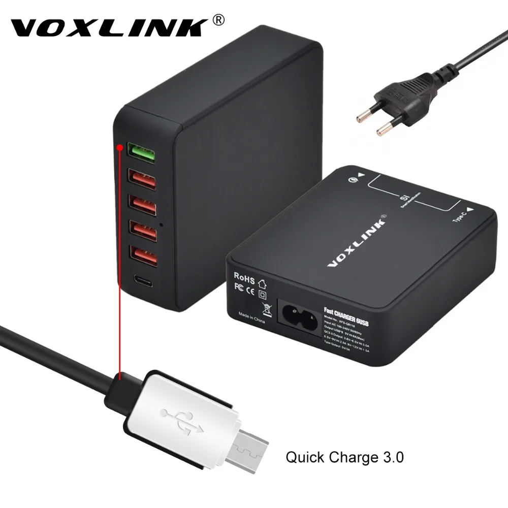 VOXLINK USB Charger Station Quick Charge QC 3.0+Type C 6 Ports USB Wall