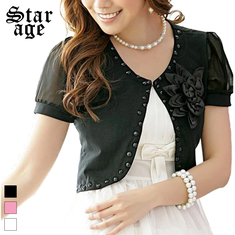 

M-3XL Plus Size Summer Beading Corsage Small Jackets Coat Ladies Outerwear Cape Coat Women Short Sleeve Tops Cardigan 1127