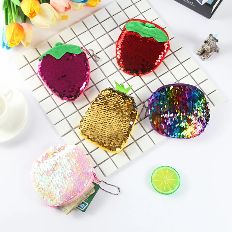 

1Pc Small Coin Wallet Female Sequin Glitter Wallet Keychain Zipper Women's Wallet Fruit Shiny Wallet Gifts for Women Girls