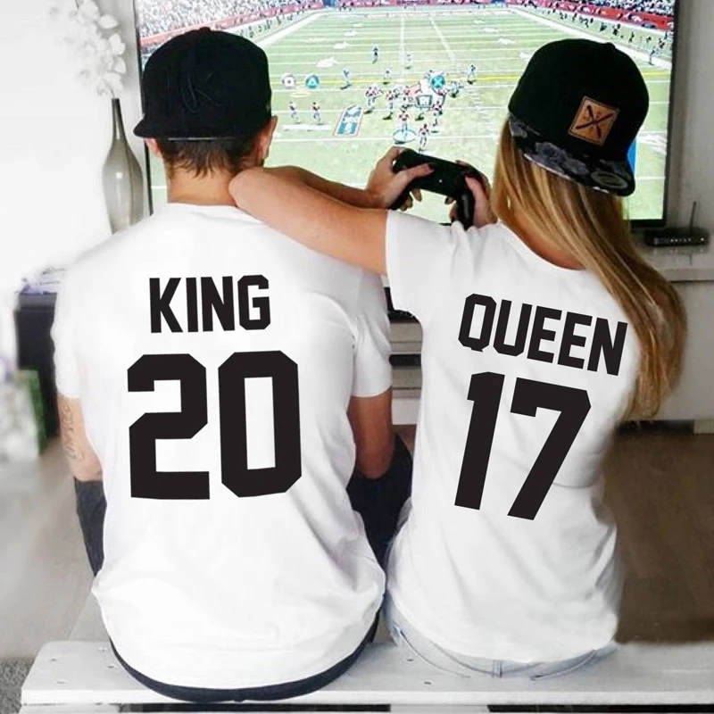 Забавные парные одинаковые футболки King Queen 01 для свадьбы Подарок на годовщину 100%