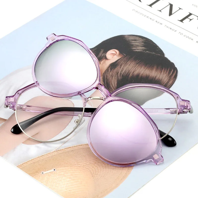 Солнцезащитные очки прикрепляемые очки для вождения поляризованные солнцезащитные очки овальная оправа UV400 Защита Модные женские туфли Мужская оптическая рамка - Цвет линз: purple silver purple