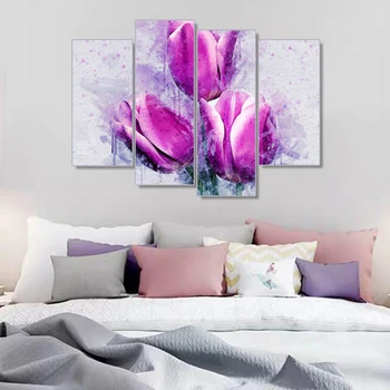 

Laeacco 4 Panel Nordic Calligraphy Painting Flowers Canvas Posters and Prints Watercolor Tulip Wall Art Home Living Room Decor