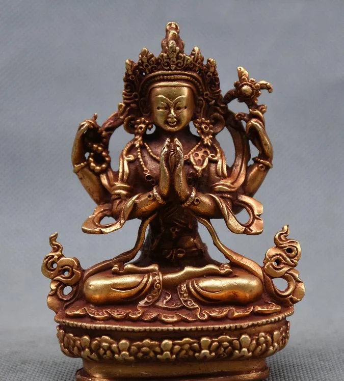 

Tibet Bronze Gilt Gold 4 Hands Chenrezig Avalokiteshvara Kwan-yin Buddha Statue