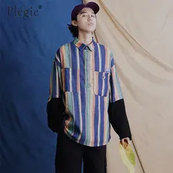 Plegie Лето 2019 Janpan Винтаж в радужную полоску дизайн рубашка рубашки с длинными рукавами Осень унисекс поддельные из двух частей Топы Корре