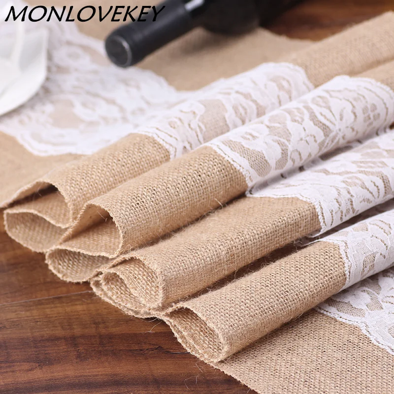 

1pc Natural Burlap Table Runner Hessian Vintage Tablecloth Cover with Jute Lace Chrysanthemum Pattern for Wedding Party Decor