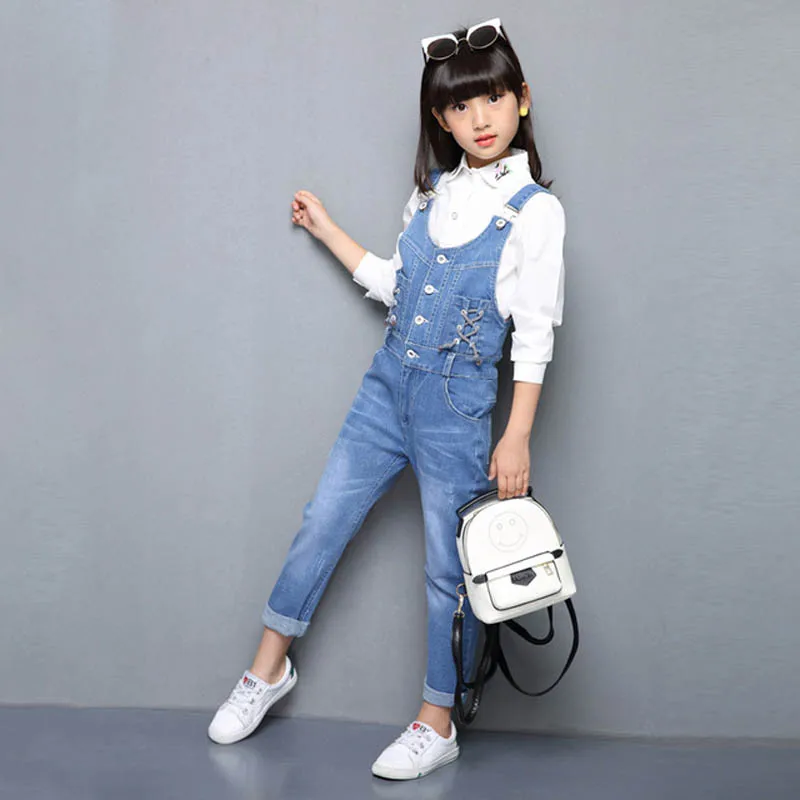 

Autumn Denim Overalls for Girls Jeans Pants For Kids Jumpsuit Child Denim Trousers Baby Drawstring Overalls Girls Overalls E424