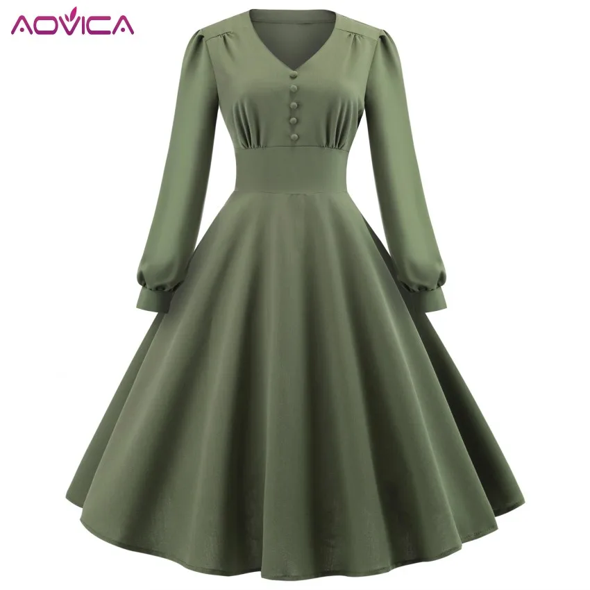 

2019 Spring Autumn New Button Midi Dress Women Long Sleeve Office Lady Dress Casual V-neck Tunic Swing Dresses Vestido