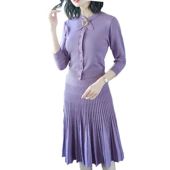 

Autumn Outfit Women Two-Piece Clothing Set Knitwear Ladies Knitting Pleated Skirt Button Sweater New Design Purple Suit Vestido