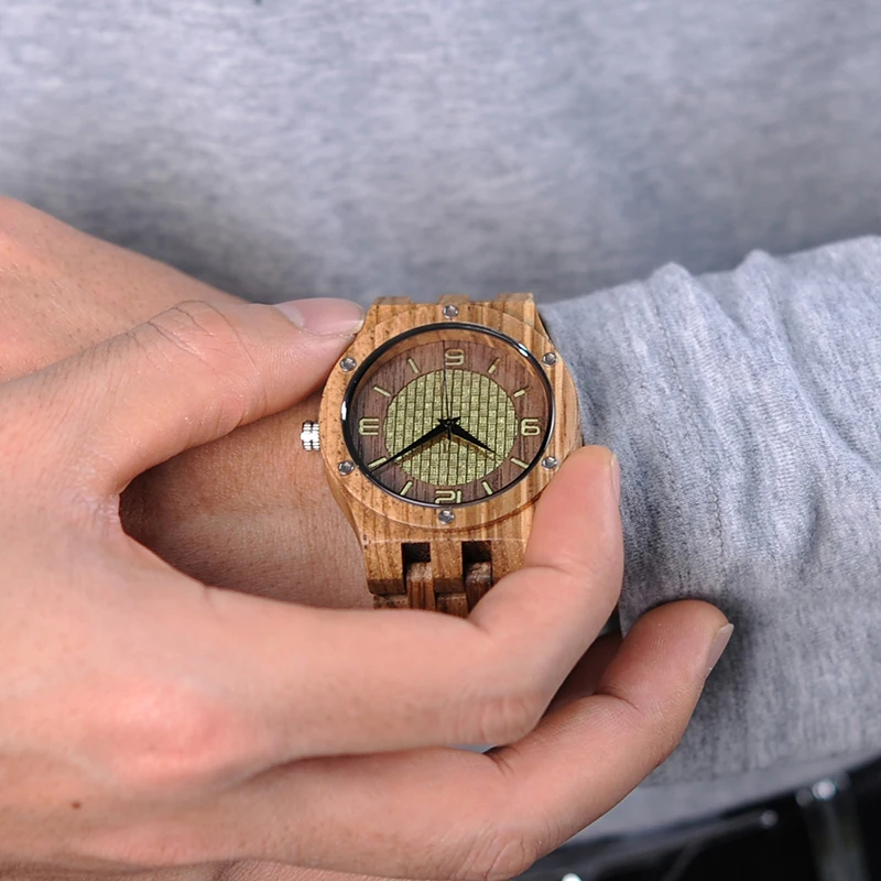 BOBO BIRD Q01 Whole Set Zebra Wood Mens Watch Unique Screws Design Causal Quartz Wristwatch for Male in Wooden Box